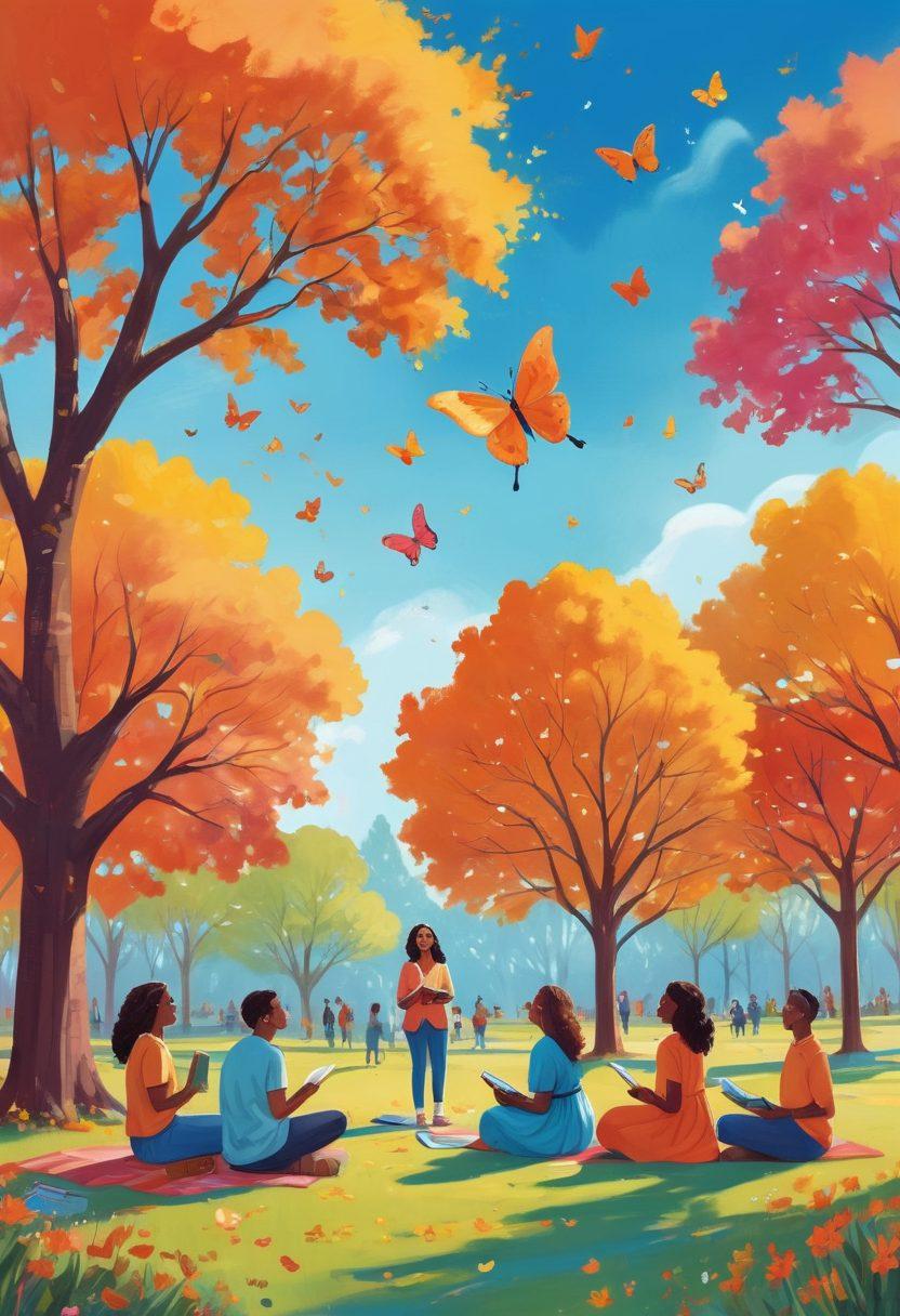 A whimsical scene depicting a diverse group of people laughing together in a park, surrounded by colorful trees and a bright blue sky. In the foreground, a storyteller shares a heartfelt narrative while others listen intently, with symbols of personal growth like books and butterflies floating around. The atmosphere is vibrant and joyful, emphasizing connection and life lessons. rich colors. illustration. playful style.