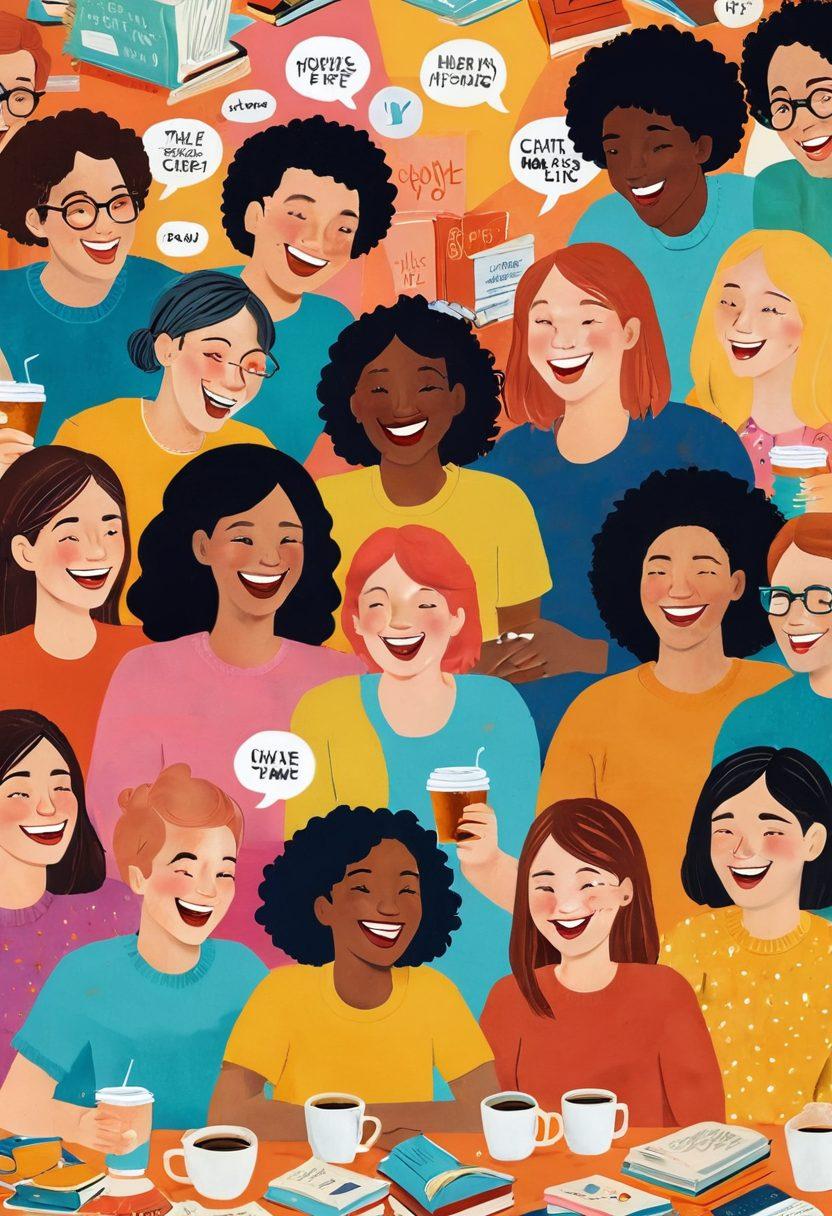 A whimsical collage of diverse people laughing and sharing funny moments over coffee in a cozy café, surrounded by colorful books and chat bubbles filled with witty quotes. Include playful cartoon elements representing humor, like smiley faces and funny emojis. The atmosphere should feel warm and inviting, reflecting a sense of community. vibrant colors. illustration. upbeat style.