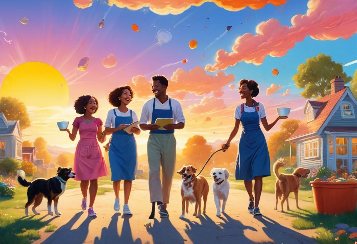A whimsical scene depicting a diverse group of people joyfully engaging in everyday activities, such as cooking, walking a dog, and reading. Each character's face is lit up with laughter as they share humorous moments, surrounded by vibrant elements like floating thought bubbles with funny quotes and colorful inspirational posters in the background. The sky above is bright with a cheerful sun smiling down. cartoonish style, vibrant colors, lighthearted atmosphere.